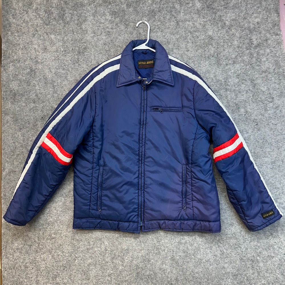 Vintage Style Auto Jacket Mens Blue Striped Zip Up Moto Coat 70's